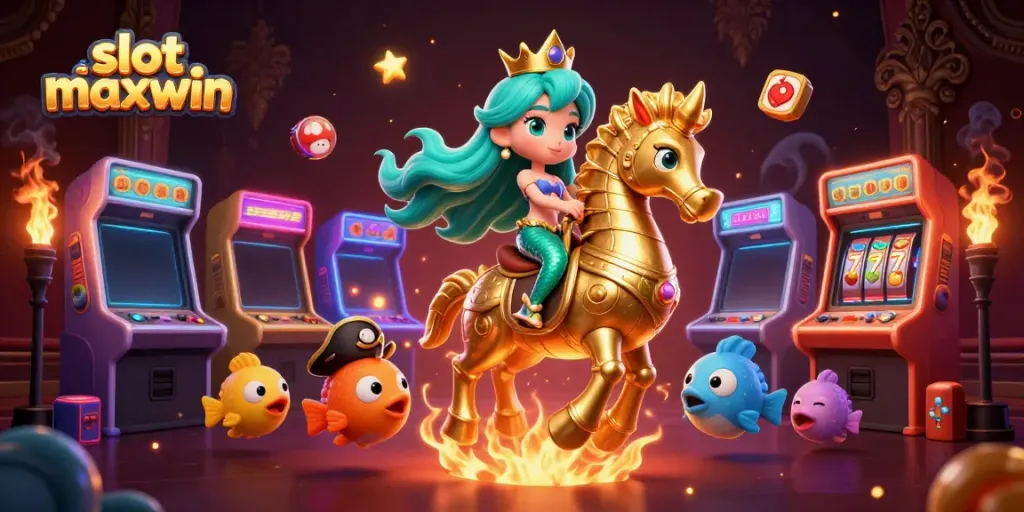 Pemain bermain slot maxwin dengan ratu putri dan ikan karier di latar belakang kasino