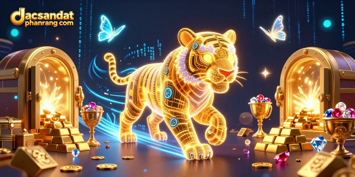 Engage with dacsandatphanrang com as a neon-wireframe golden tiger navigates a vibrant casino world filled with treasures.