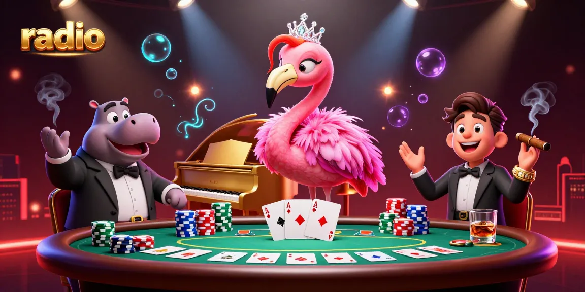 Winning at the radio-themed casino with vibrant flamingo singer and hippo bassist amidst poker excitement.