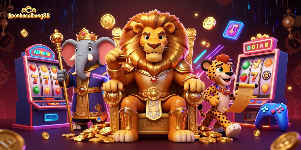 Experience the excitement of keonhacaibong88 with a vibrant 3D casino illustration featuring a lion king and slot machines.