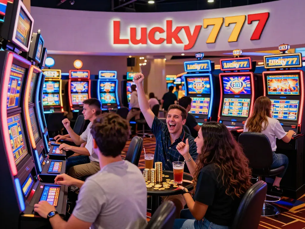 Lucky777 casino gaming scene with players and neon lights.