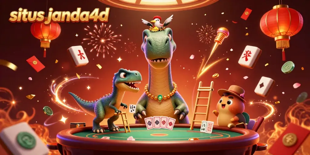 Gambar karakter di situs janda4d dengan dinosaur dan permainan kartu poker yang menarik.