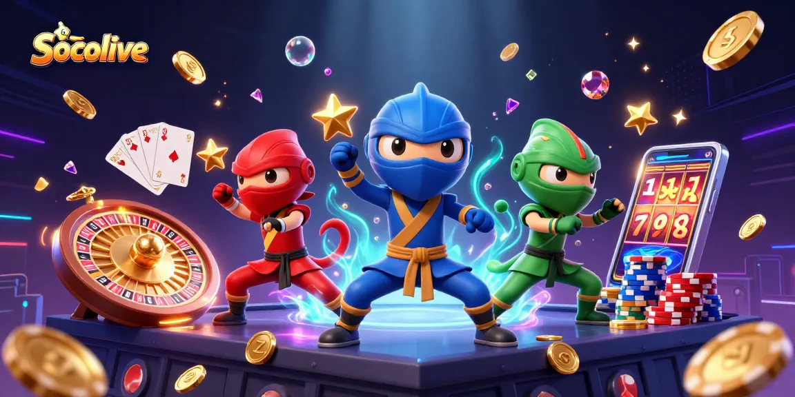 Socolive presents an energetic scene with ninja chameleons showcasing martial arts amidst vibrant casino elements.