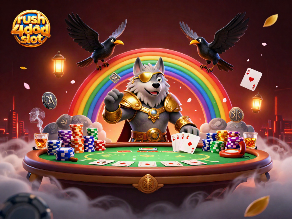 Mainkan rush 4d slot dengan tampilan kolosal di latar belakang kasino yang megah.