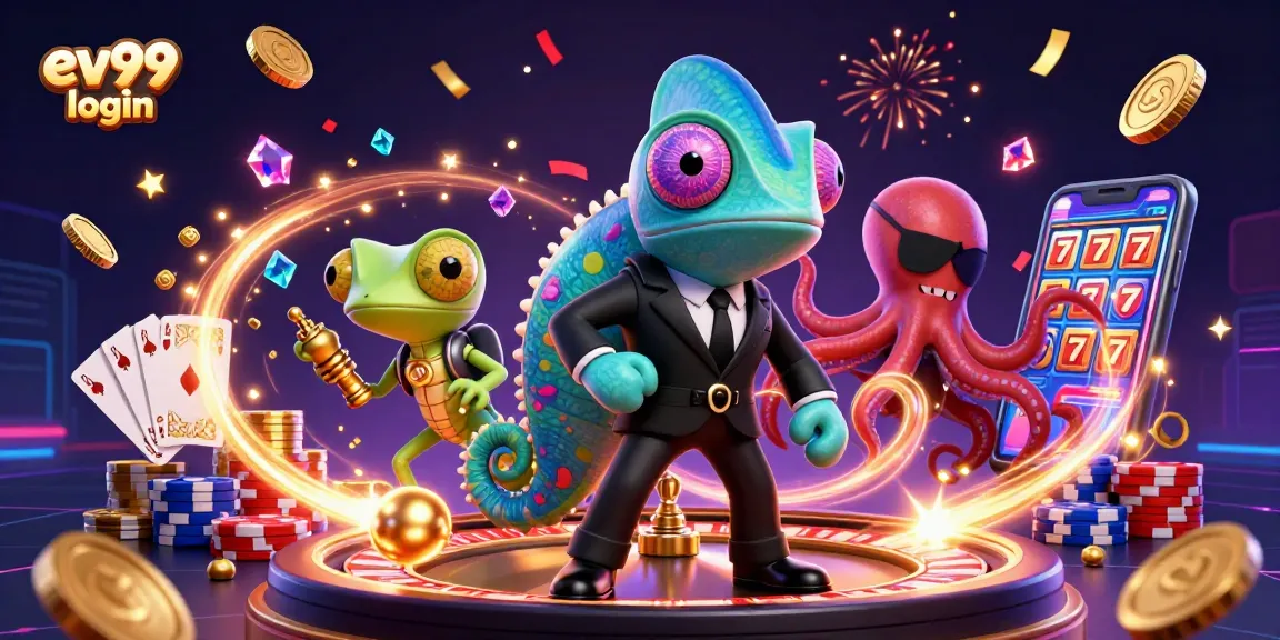 Experience excitement with ev99 login and vibrant casino elements, featuring the secret agent chameleon.