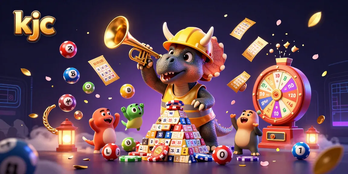 Join the excitement with KJC as the triceratops builds poker chip towers amid vibrant gaming elements.