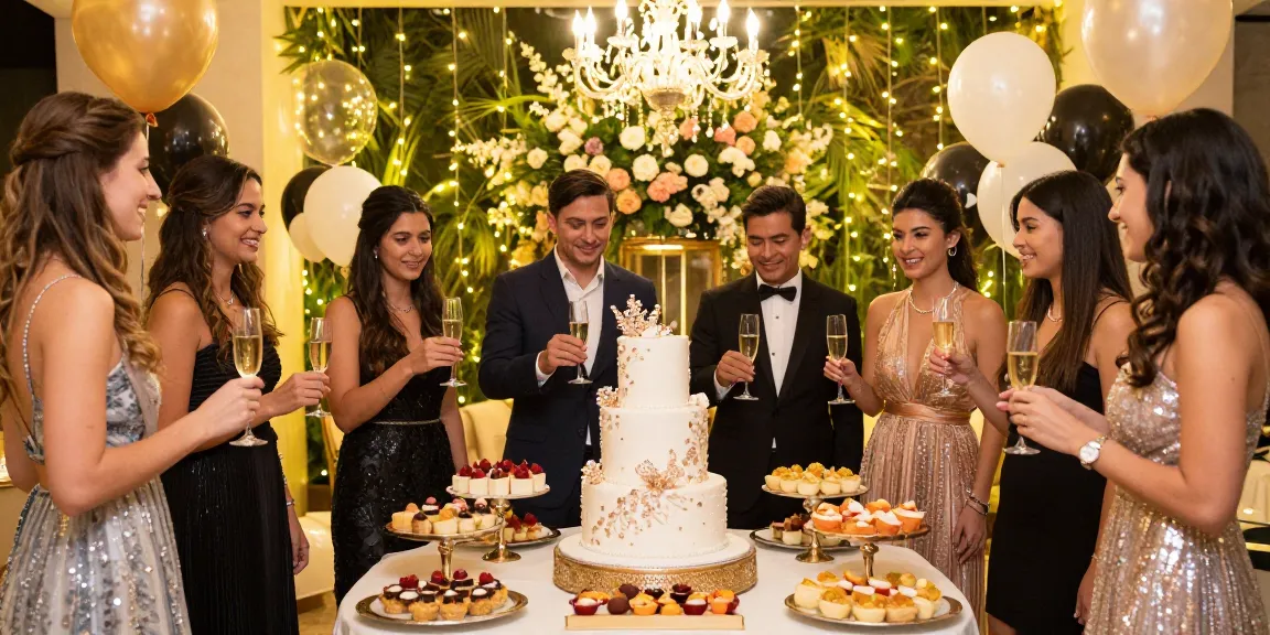 Perayaan ulang tahun mewah dengan tema luxury111, teman-teman bersenang-senang di pesta glamor.