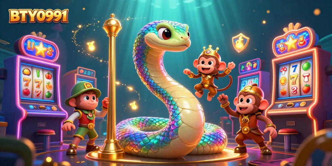 BTY0991 brings luck with a vibrant illustrated scene of a rainbow serpent and playful monkey king among colorful slot machines.