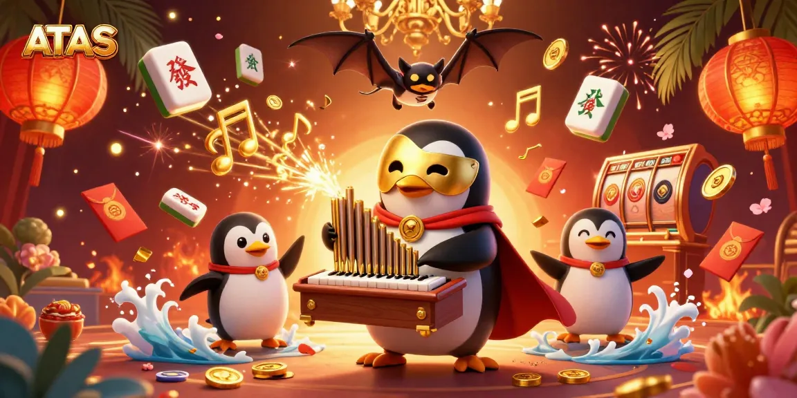 Engage with ATAS casino's magical gameplay as a phantom penguin entertains with golden coins and festive elements.