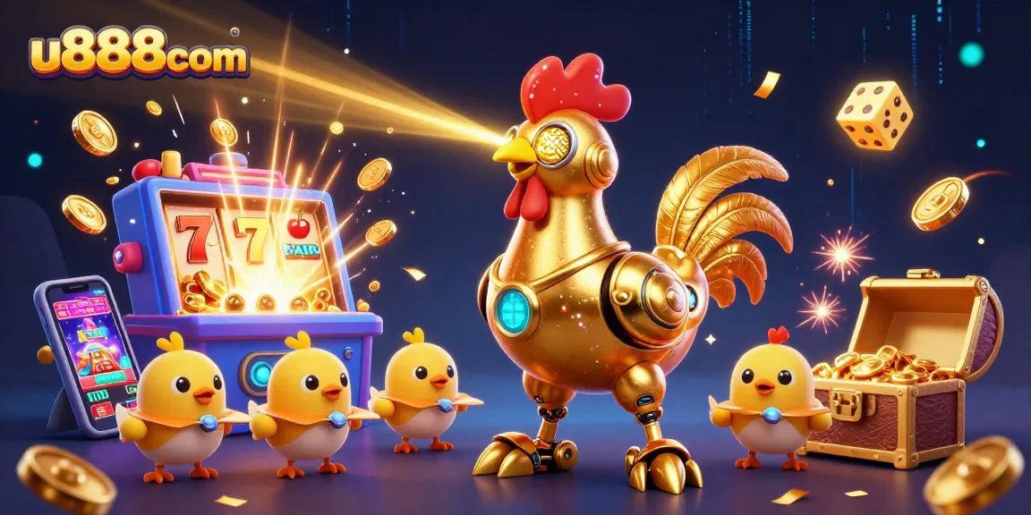 Engage with u888com's vibrant casino world featuring a golden rooster robot and immersive slot action.