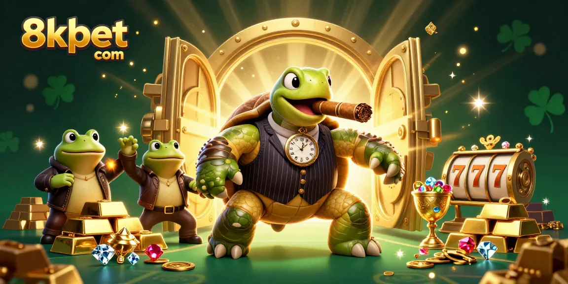 Experience excitement at 8xbet com with a vibrant casino scene showcasing unique characters and treasures.