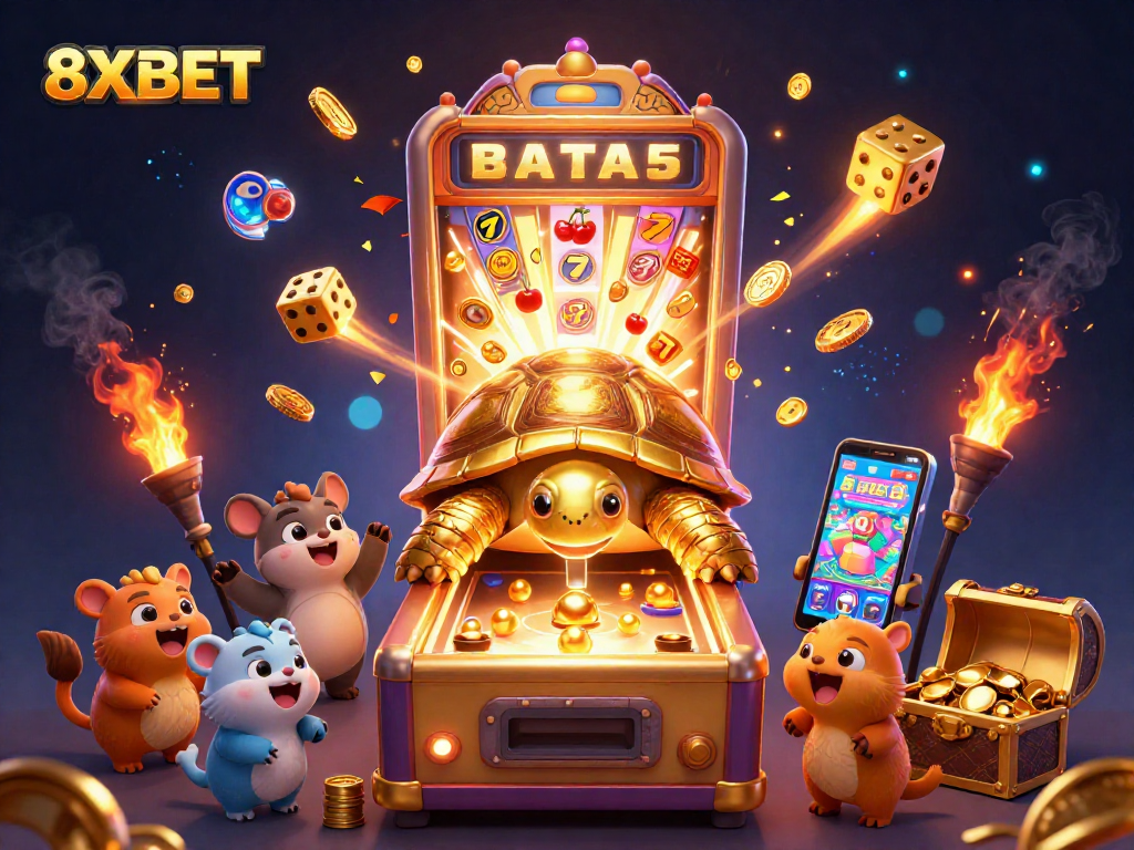 Engage with 8XBET in this vibrant, action-packed casino scene featuring dynamic slots and festive elements.