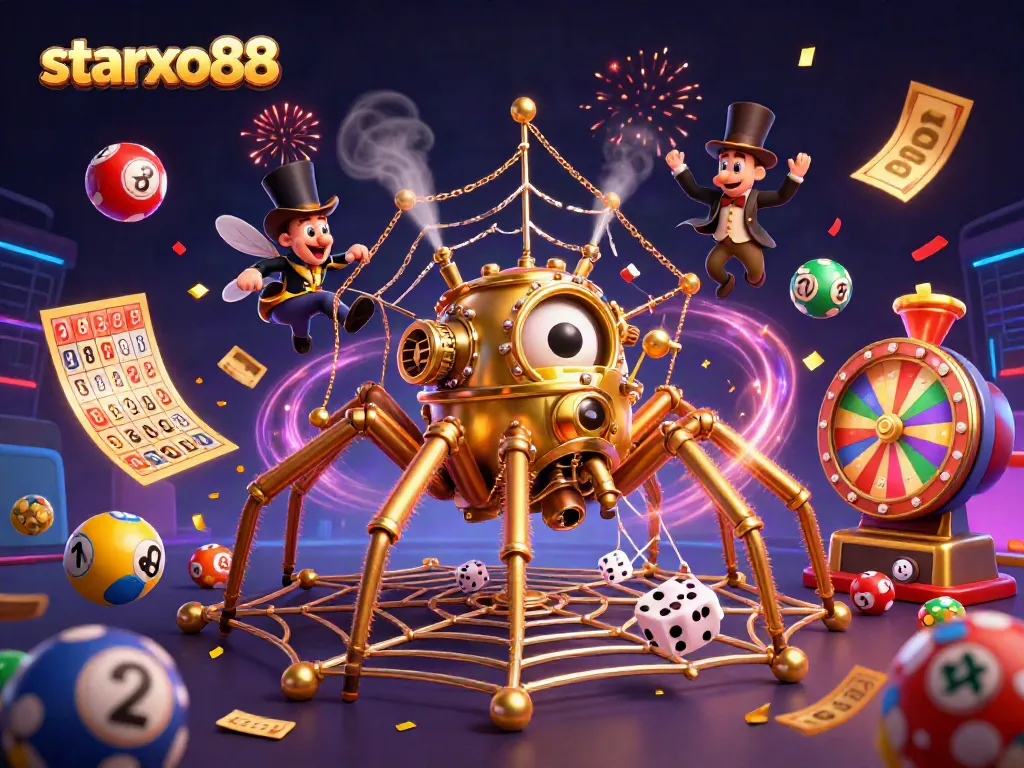 Experience winning excitement with starxo88's vibrant gambling scene filled with golden tickets and colorful lottery balls.