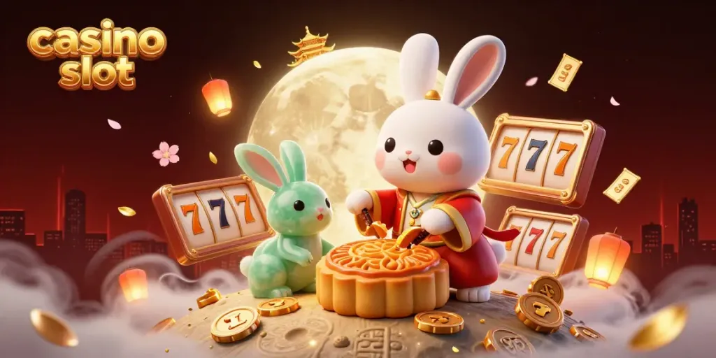 Experience vibrant 3D casino slot action with rabbits, mooncakes, and dazzling treasures.