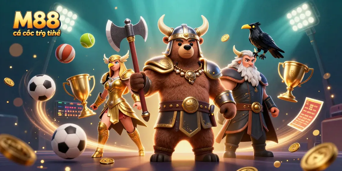 M88 cá cược trực tuyến - Hình ảnh bắt mắt về các nhân vật Viking và các yếu tố cá cược thể thao.