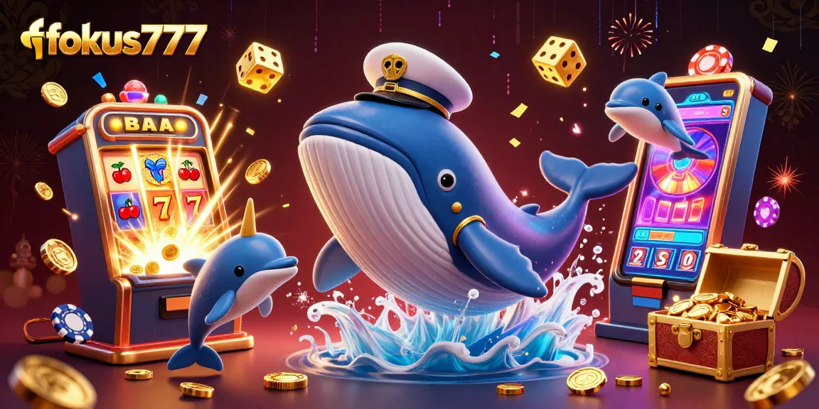 Experience the thrills of fokus777 with a whale and dolphins captivating in a vibrant casino world.