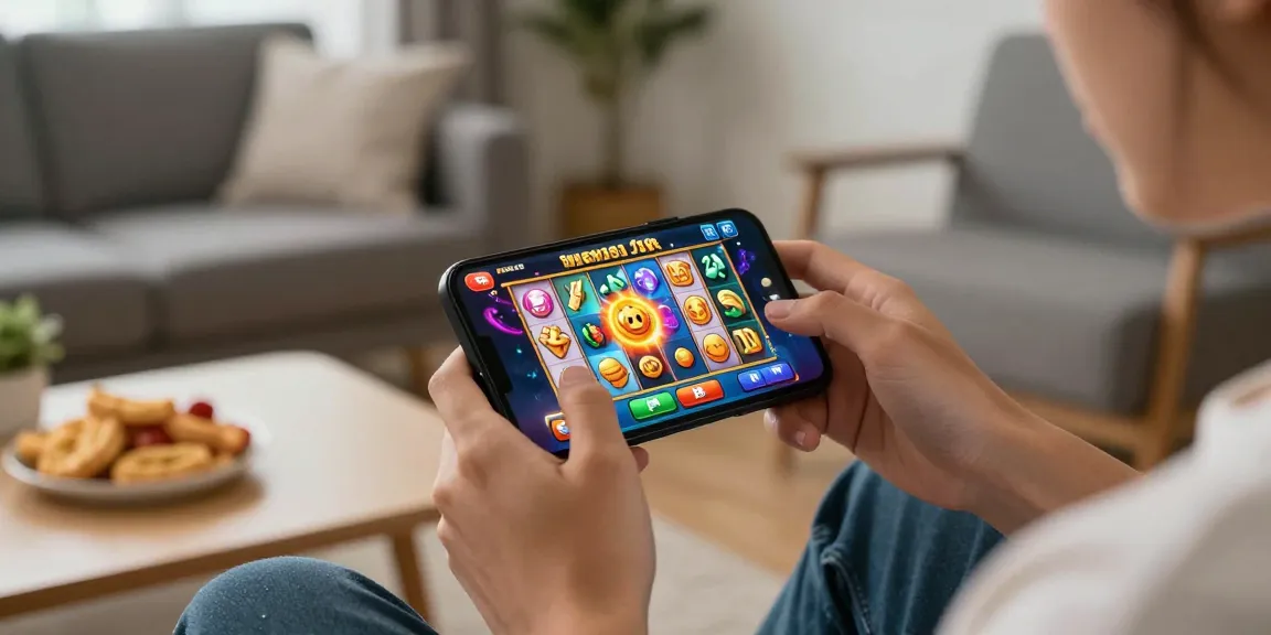 Engaged user enjoying สล็อต gaming on smartphone while relaxing at home in 2026.