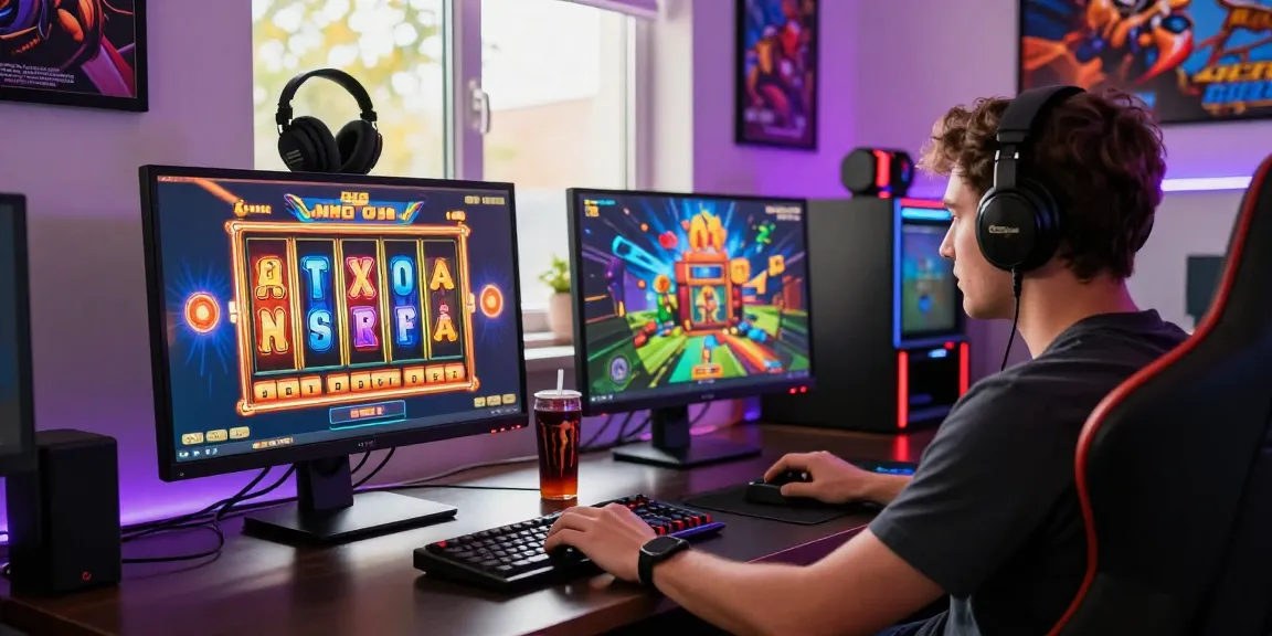 Exciting scene of a player engaging in pajaktoto daftar slot games on a desktop setup surrounded by gaming accessories.