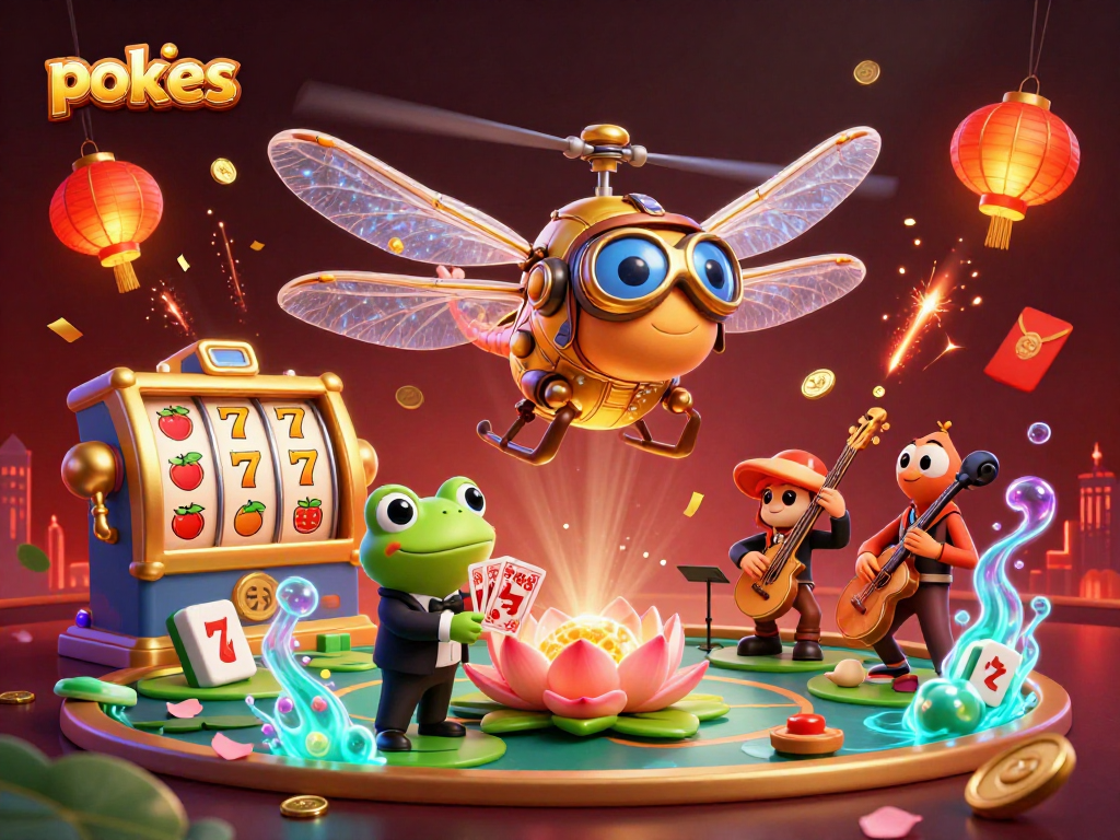 Engaging pokies scene featuring a dragonfly pilot above a lily pad casino with vibrant decorations.