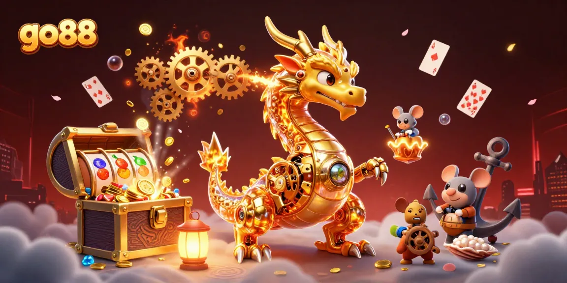 Engage with exciting go 88 slot games amidst golden treasure and a golden dragon.