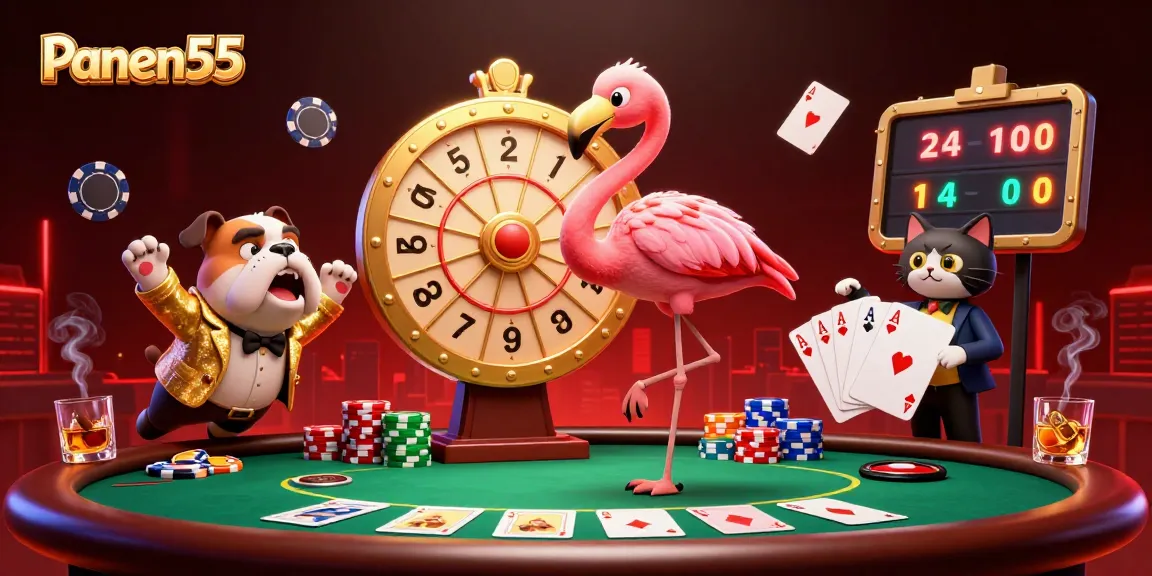 Spin the giant prize wheel at Panen55 with vibrant casino characters and poker elements!