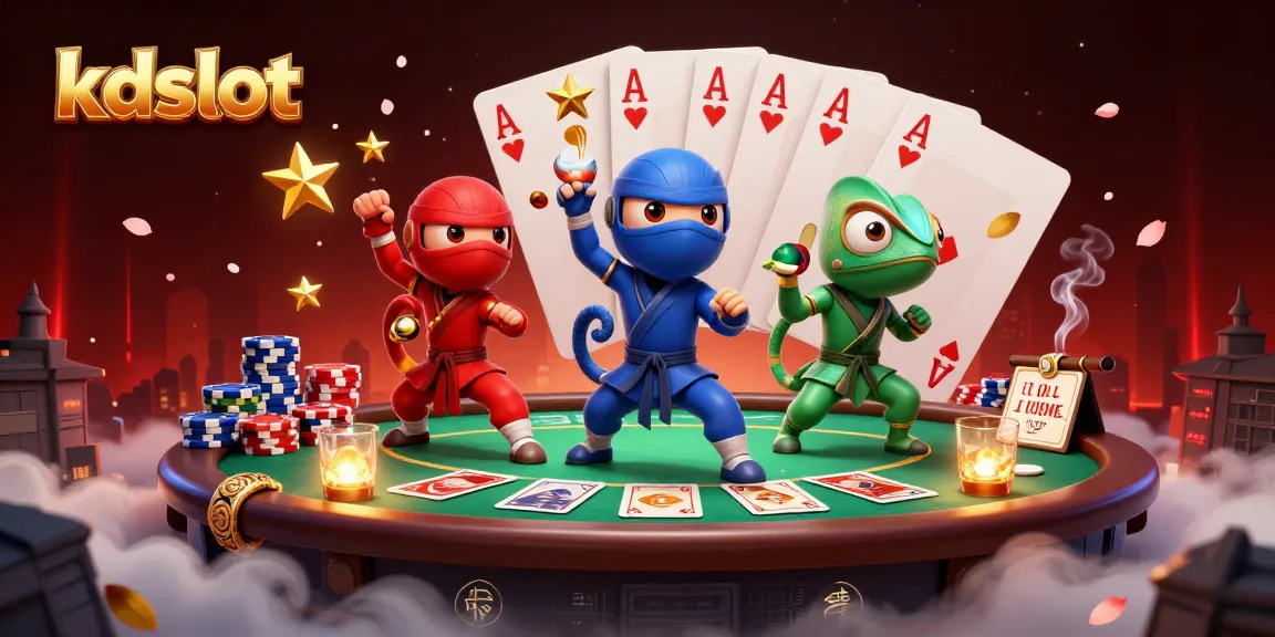 Experience thrilling kdslot action with ninja chameleons in a vibrant casino scene filled with poker elements.
