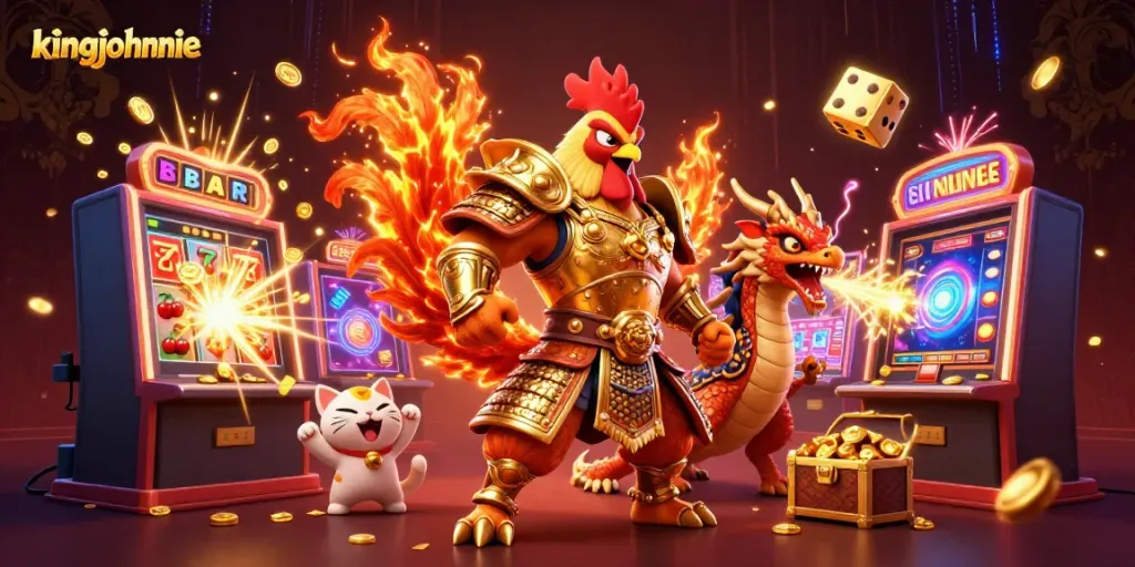 Join the excitement at kingjohnnie casino with thrilling games like slots, featured in a vibrant scene.