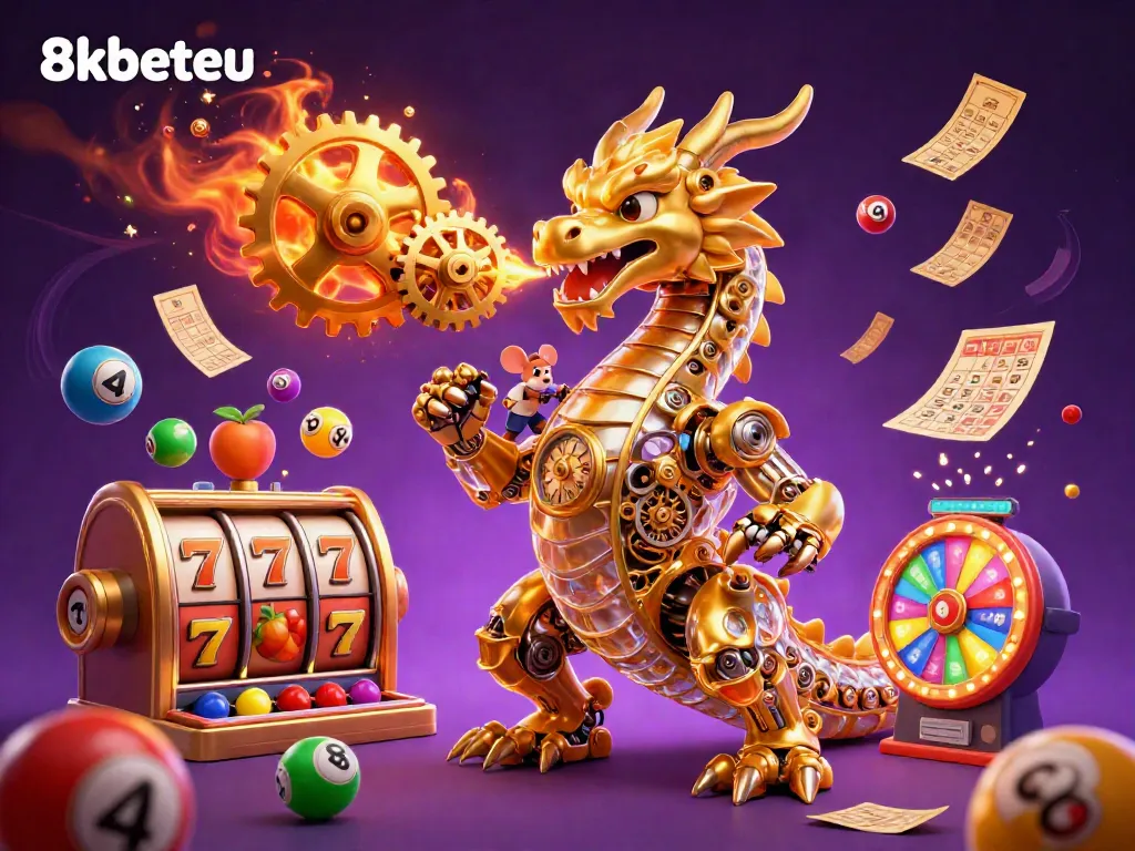 Experience an exciting gambling scene with the golden dragon and dynamic lottery elements representing 8kbeteu.