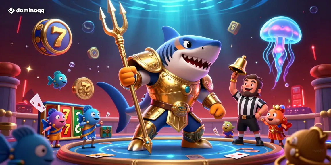 Experience thrilling action with dominoqq as a cartoon shark in gladiator armor dominates an underwater casino scene.