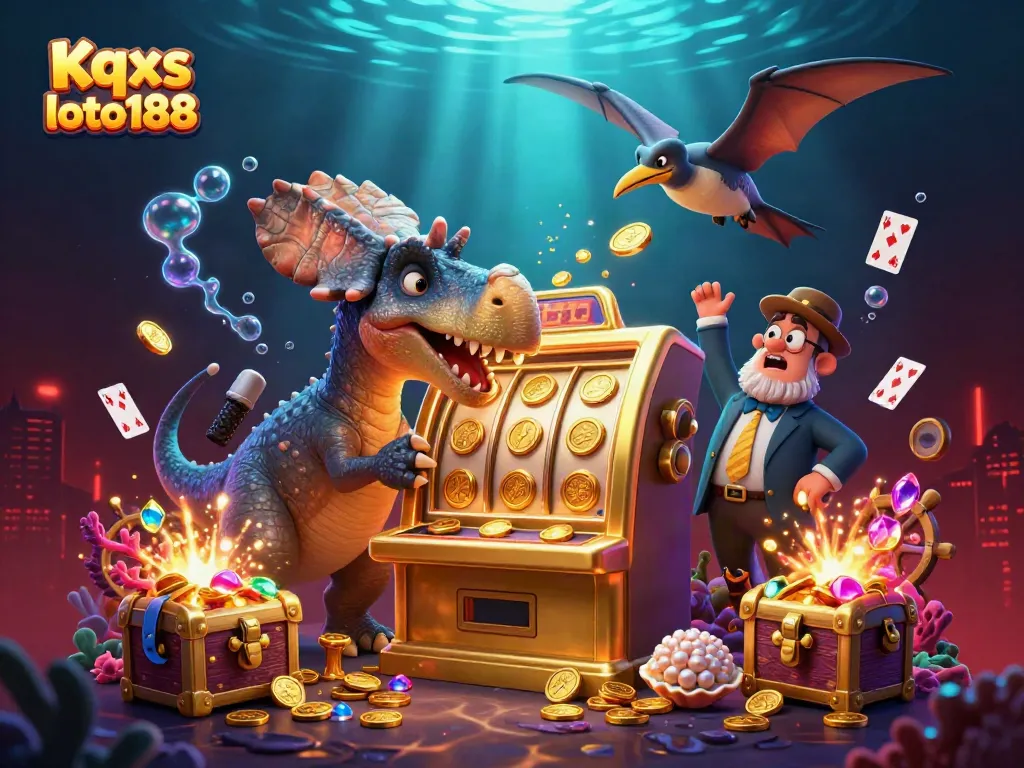 Kqxs loto188 highlights a dino's jackpot win at a casino with vibrant coins flying everywhere.
