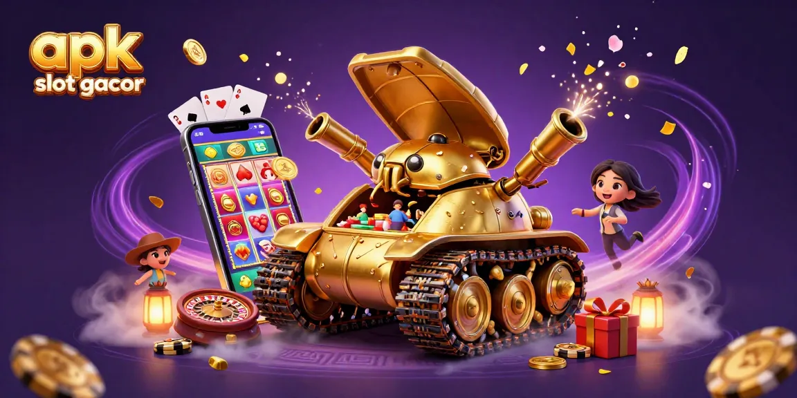 Engage with apk slot gacor in a vibrant 3D scene featuring a golden beetle tank and casino elements.