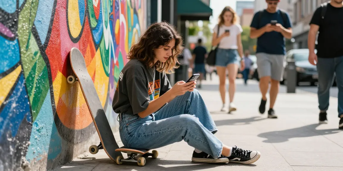 Young woman in streetwear engaging with nsfw content on her smartphone in a vibrant urban setting.