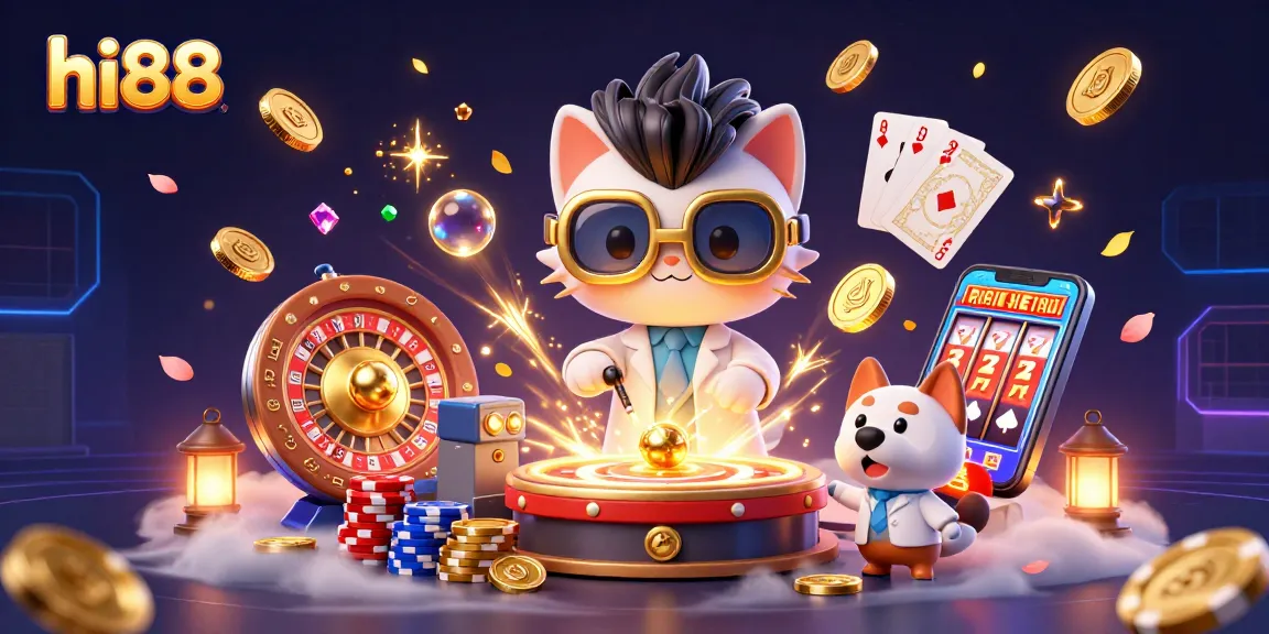 Experience hi88's thrilling 3D casino adventure with golden coins, vibrant gaming elements, and dynamic characters.