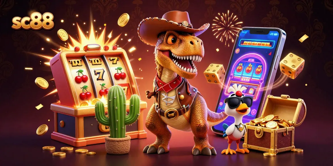 Experience the thrilling sc88 casino atmosphere with a dynamic T-Rex and colorful slot elements!