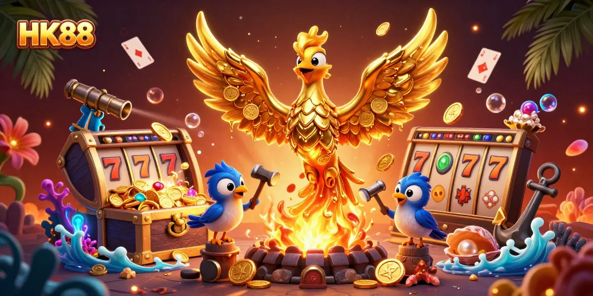 HK88 brings to life a golden phoenix amidst a vibrant casino scene, showcasing winning slots and treasures.