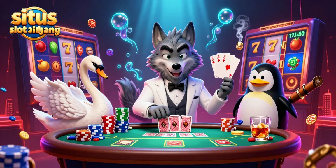 Engage with situs slot mahjong featuring a dynamic 3D scene of a debonair wolf and elegant swan at the slots.