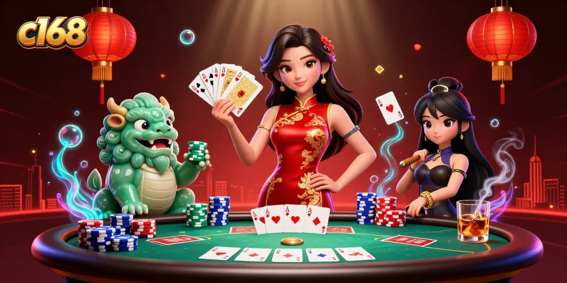 c168 gaming illustration featuring a woman in a qipao with poker elements swirling around
