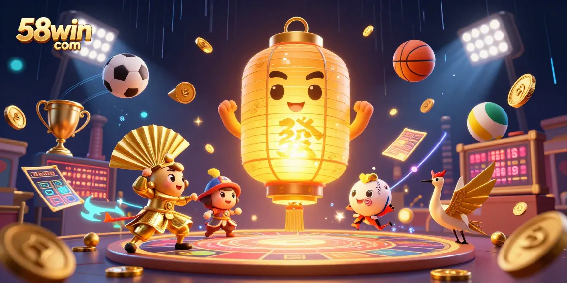Experience the dynamic action of 58win com with a vibrant casino scene featuring animated characters and sports elements.