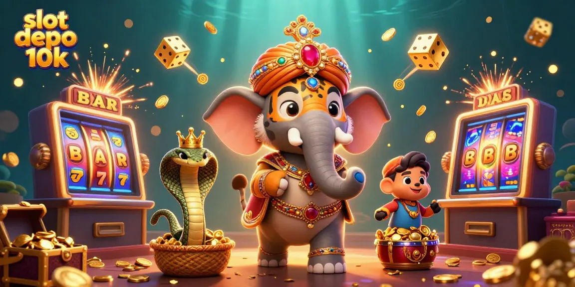 Exciting slot depo 10k scene with a cartoon maharaja tiger and elephant, bursting slot machines, and gold treasures.
