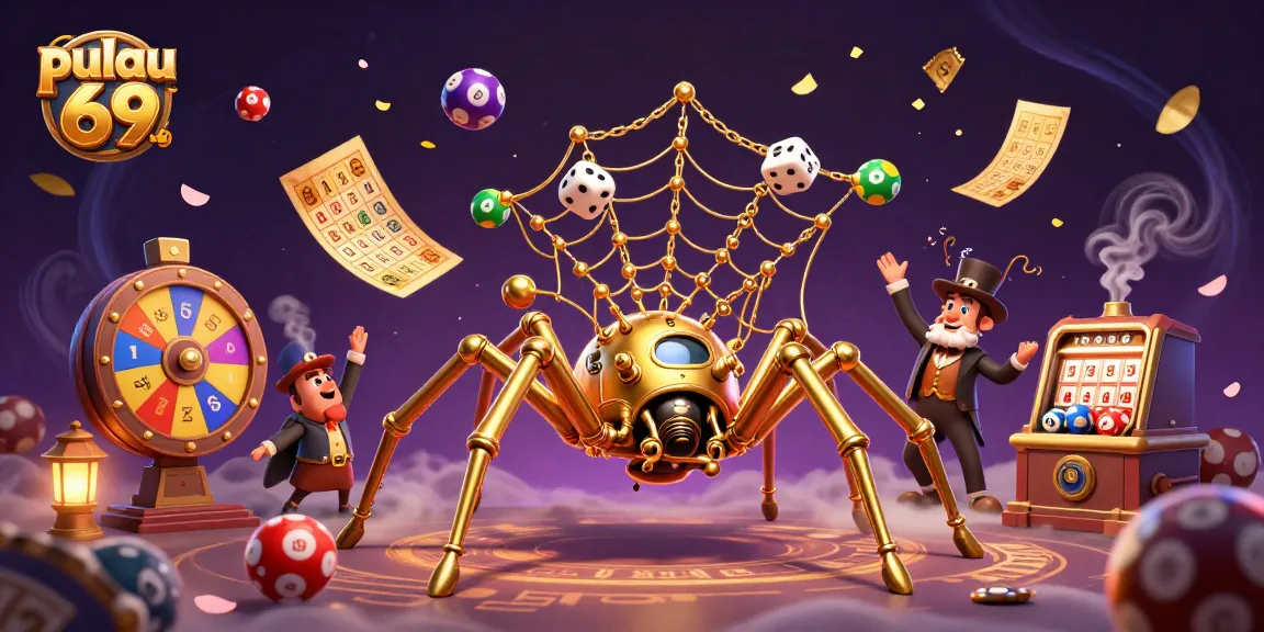 Pulau 69 features a steampunk spider and golden elements creating a vibrant casino scene.