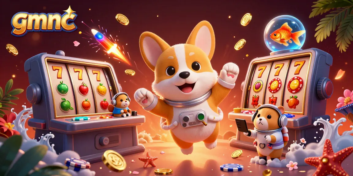 Float with gmnc in a vibrant casino space scene featuring a corgi and cosmic elements.