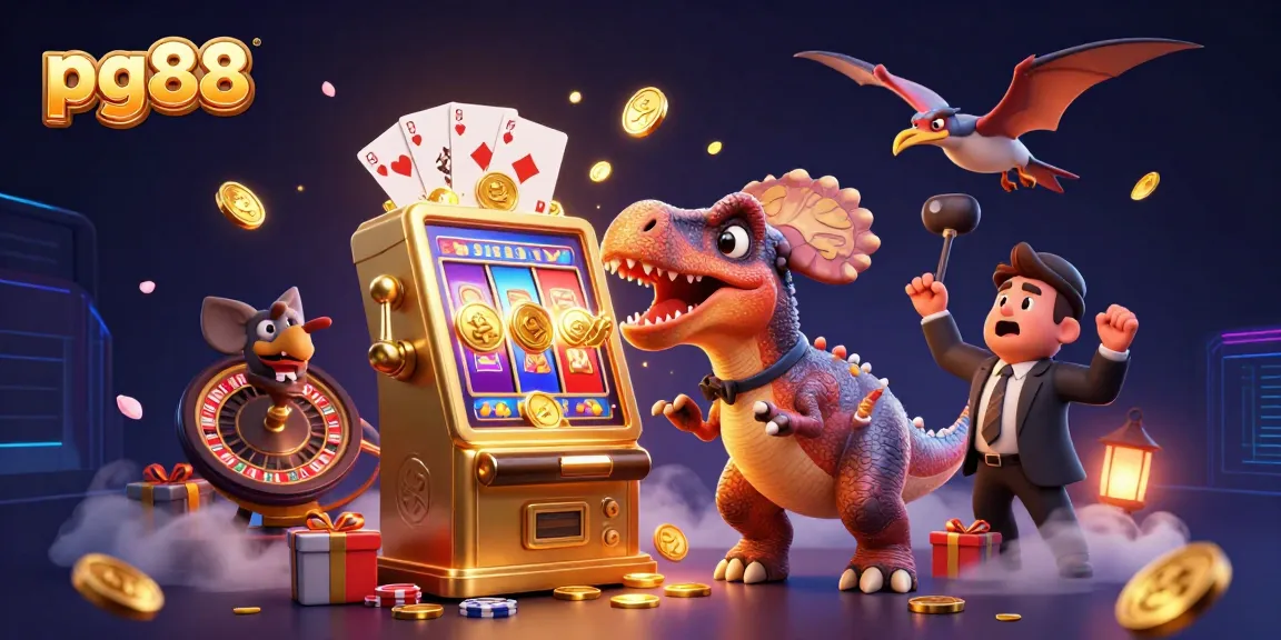 pg88 jackpot scene with dinosaur celebrating coins from a golden slot machine in an exciting casino