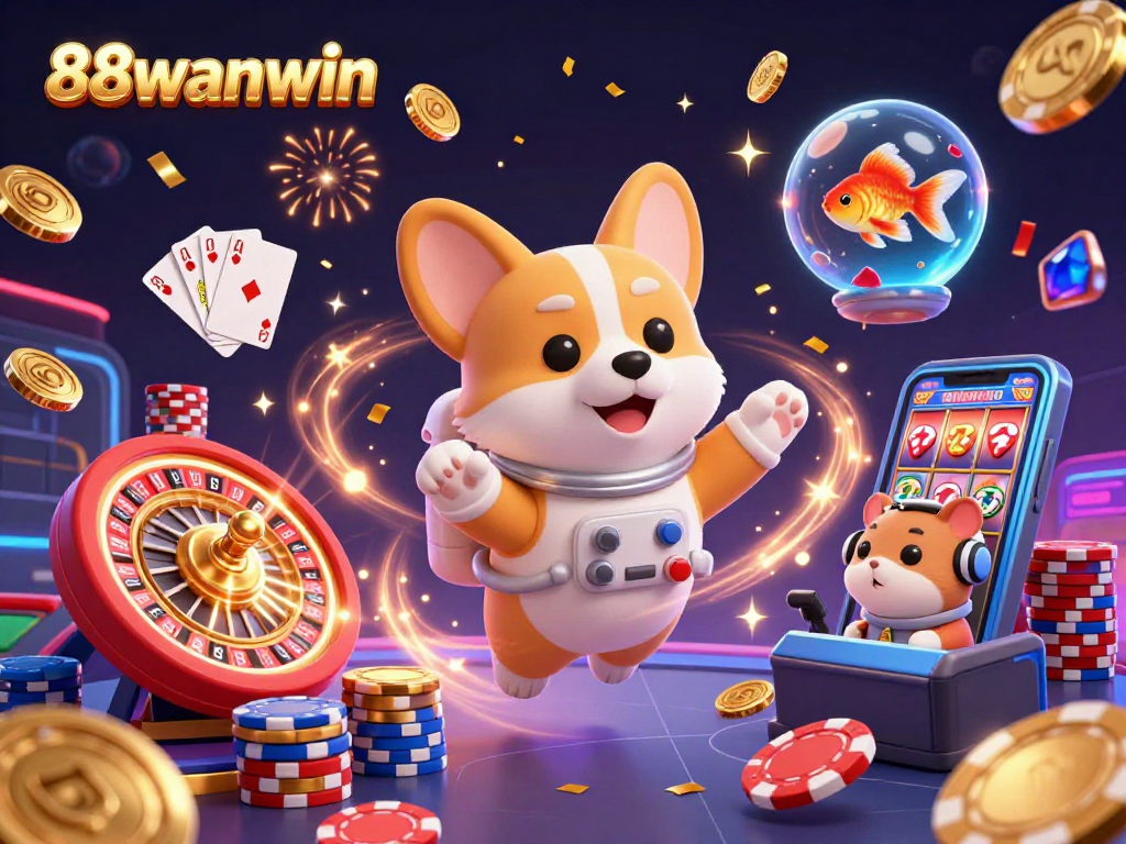 Experience thrilling gameplay at 88wanwin with a vibrant casino scene featuring an astronaut corgi.