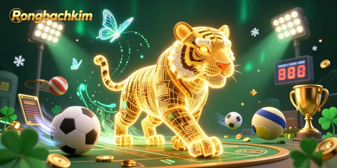 Experience Rongbachkim's thrilling digital casino atmosphere with a golden tiger and sports elements.