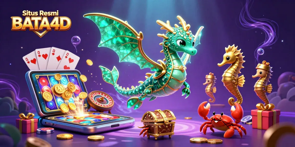 Situs Resmi BATA4D menampilkan ilustrasi kasino dengan simbol keberuntungan dan deposit yang berkilau.