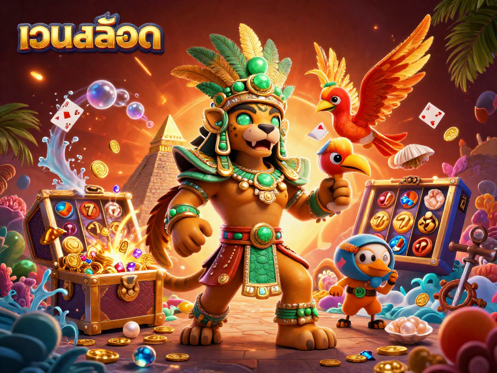 A dynamic scene of เว็บสล็อต featuring a Mayan priest and his quetzal companion, surrounded by dazzling slot reels and treasures.