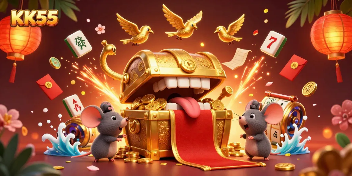 Bet with KK55 and discover treasures in a vibrant 3D casino world featuring golden chests and gaming elements.