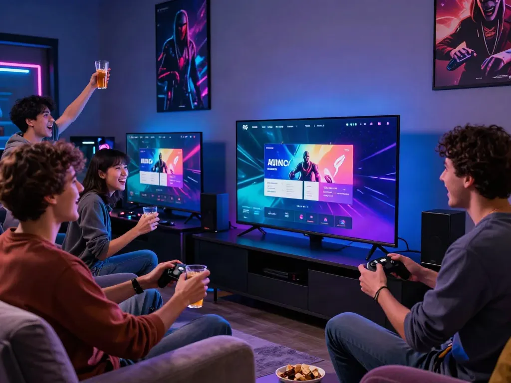Vibrant gaming lounge scene showcasing friends enjoying an A80 homepage experience with sleek gaming console.