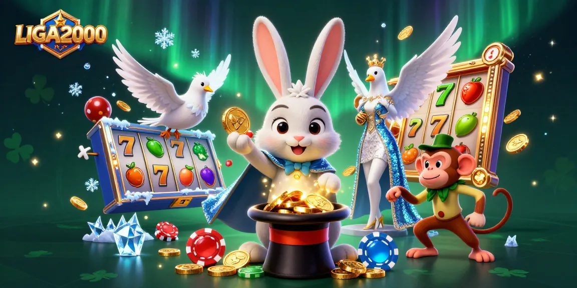 Ilustrasi slot LIGA2000 yang menampilkan kelinci pesulap, merpati, dan monyet di tengah elemen permainan berwarna-warni.