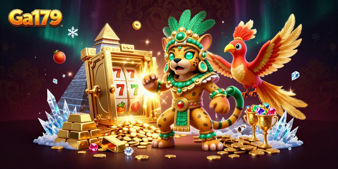 Engage with Ga179, featuring a Mayan priest and vibrant slot symbols in a lavish casino scene.